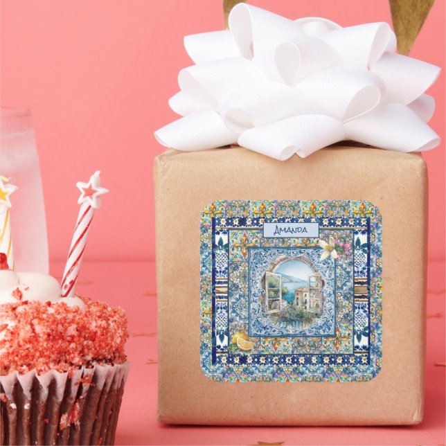 Adesivo Quadrado monograma de azulejos florais azuis-italianos de v (Festa)