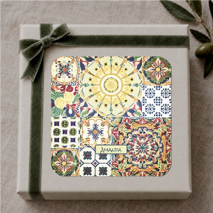 Adesivo Quadrado Monograma de azulejos laranja mediterrâneo geométr