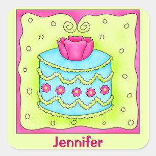 Adesivo Quadrado Monograma de bolo de aniversário feliz Rosa de tu
