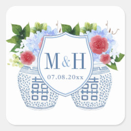 Adesivo Quadrado Monograma de Casamento Azul Branco Elegante