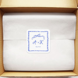 Adesivo Quadrado Monograma de Casamento Azul Francês Desenhado à Mã