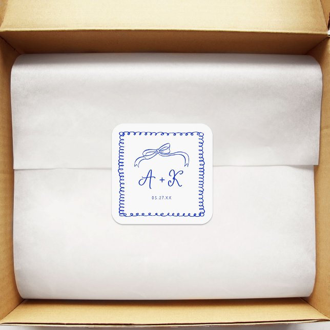 Adesivo Quadrado Monograma de Casamento Azul Francês Desenhado à Mã (Criador carregado)
