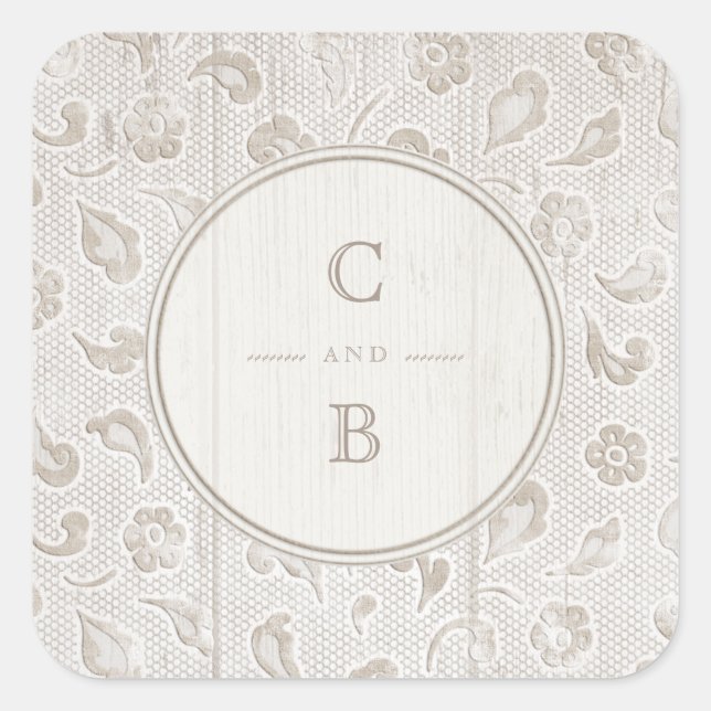 Adesivo Quadrado Monograma de casamento de madeiras rústicas de ren (Frente)