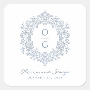 Adesivo Quadrado Monograma de casamento elegante dusty blue herança