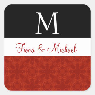 Adesivo Quadrado Monograma de Casamento Floral Vermelho e Preto