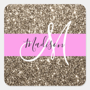 Adesivo Quadrado Monograma de Champanhe Rosa Glam Dourado Glitter S