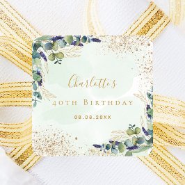 Adesivo Quadrado Monograma de eucalipto verde-glitter de aniversári