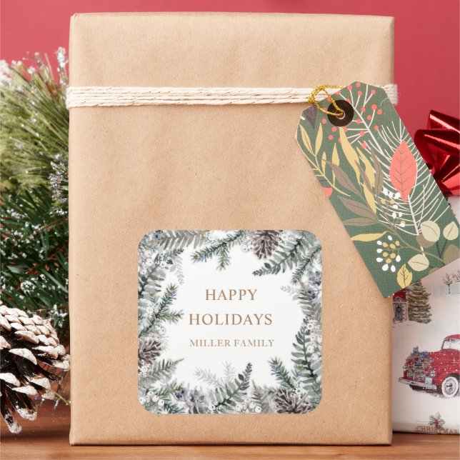 Adesivo Quadrado Monograma de Feliz Natal em Verde Invernal Azul (Feriado)