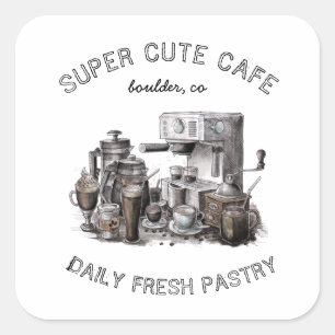 Adesivo Quadrado monograma de ilustração de cafe de vintage fofa