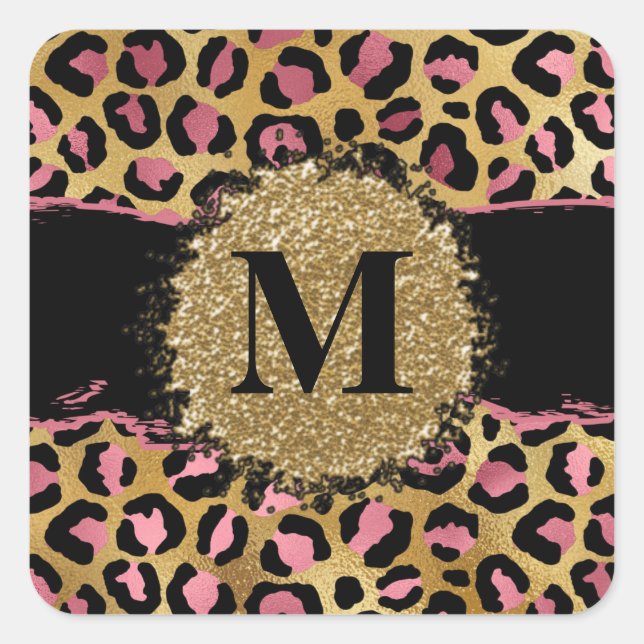 Adesivo Quadrado Monograma de impressão leopardo rosa e dourado (Frente)