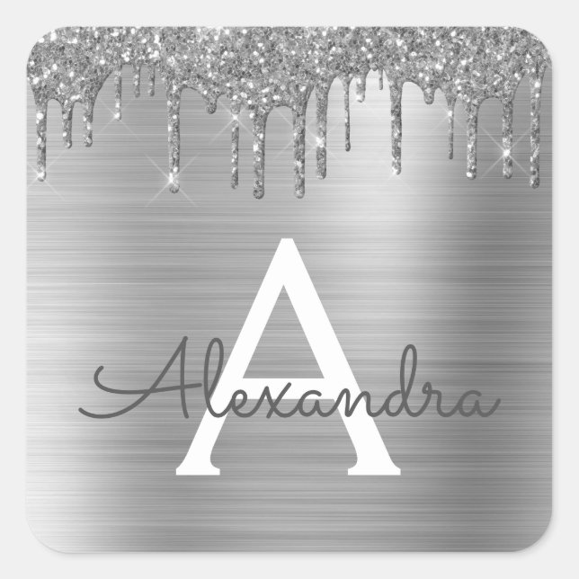 Adesivo Quadrado Monograma de Nome em Metal Brilhante com Glitter P (Frente)