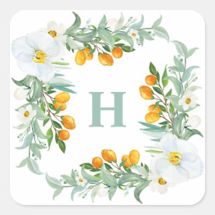 Adesivo Quadrado Monograma de Orquídeas Brancas e Kumquats em Aquar