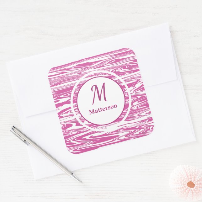 Adesivo Quadrado Monograma de Padrão Branco Rosa Moderno Personaliz (Envelope)