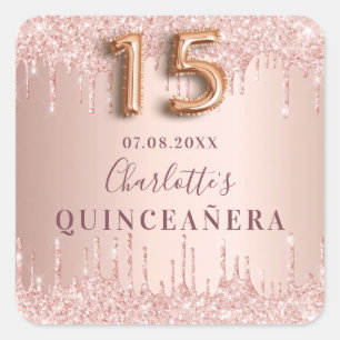 Adesivo Quadrado Monograma de rosa de ouro de Quinceanera