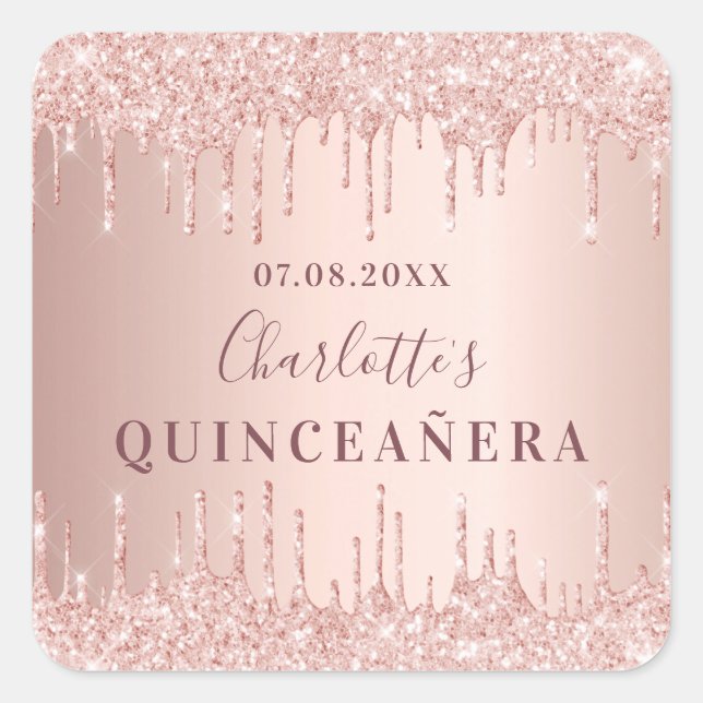 Adesivo Quadrado Monograma de rosa de ouro de Quinceanera (Frente)