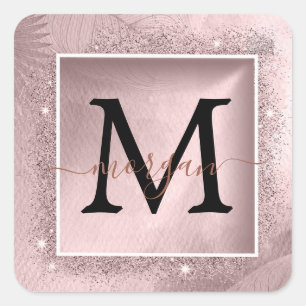 Adesivo Quadrado Monograma de Script Glitter Dourado rosa