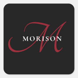 Adesivo Quadrado Monograma de Script Vermelho Preto Moderno Elegant