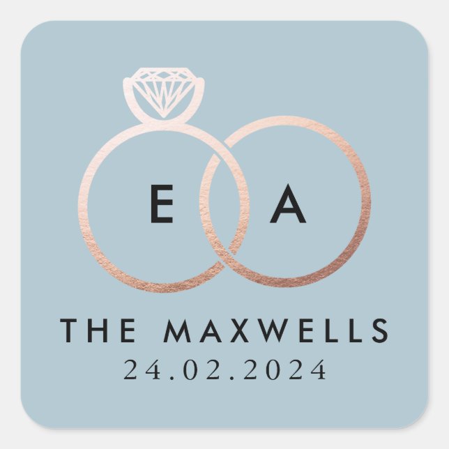 Adesivo Quadrado Monograma do Anel de Casamento Dourado rosa e Data (Frente)