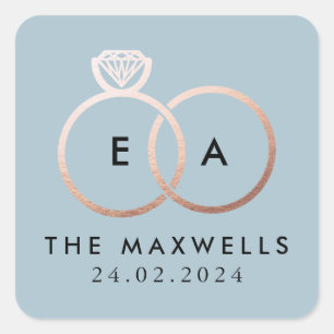 Adesivo Quadrado Monograma do Anel de Casamento Dourado rosa e Data