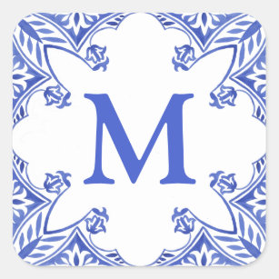 Adesivo Quadrado Monograma do Azulejo Floral Branco e Azul