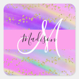 Adesivo Quadrado Monograma Dourado Colorido do Arco-Íris do Unicórn