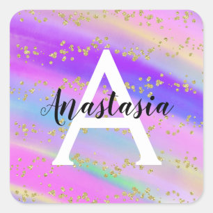 Adesivo Quadrado Monograma Dourado Colorido do Arco-Íris do Unicórn