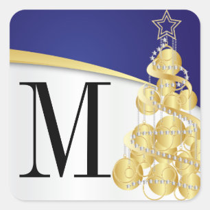 Adesivo Quadrado Monograma Dourado e Azul Feliz Natal