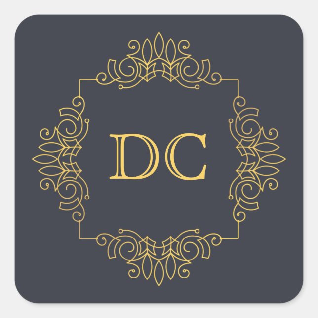 Adesivo Quadrado Monograma Dourado Elegante Azul (Frente)