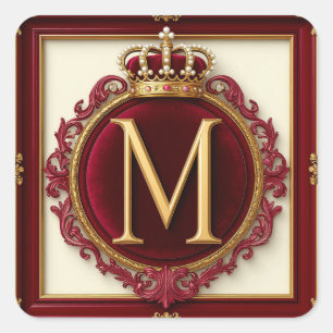 Adesivo Quadrado Monograma Dourado Majestoso Com Coroa Em Veludo Re
