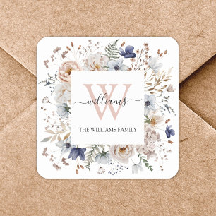 Adesivo Quadrado Monograma Elegante Flores Florais Beige Azul Bonit