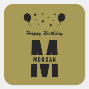 Adesivo Quadrado Monograma Feliz Aniversário Qualquer Idade Dourada