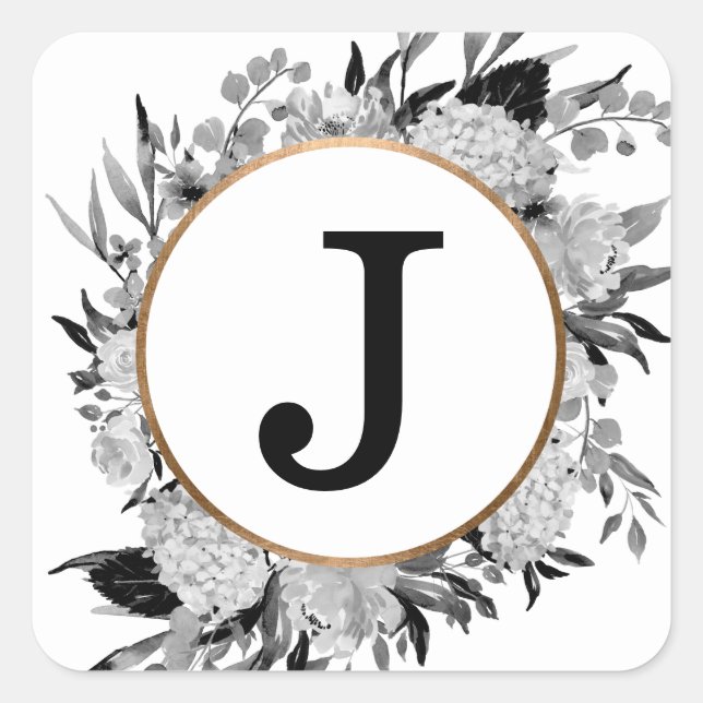 Adesivo Quadrado Monograma Floral de Cor Branca e Preta Moderna (Frente)
