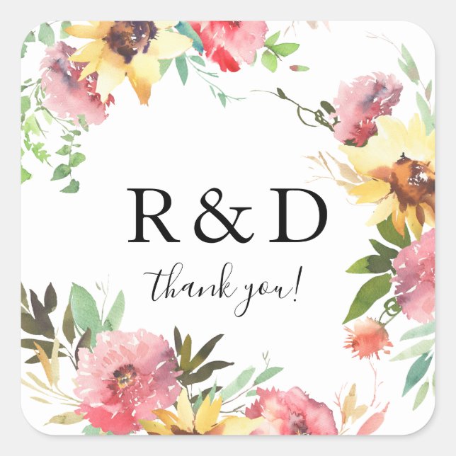 Adesivo Quadrado Monograma Floral de Girassol de Verão (Frente)