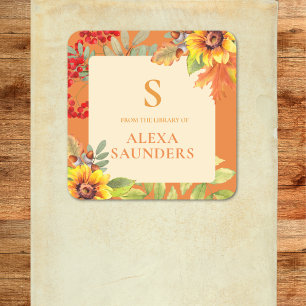 Adesivo Quadrado Monograma Floral de Outono em Aquarela Elegante
