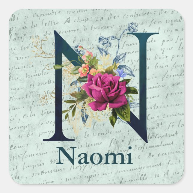 Adesivo Quadrado Monograma Floral rico N Inicial (Frente)