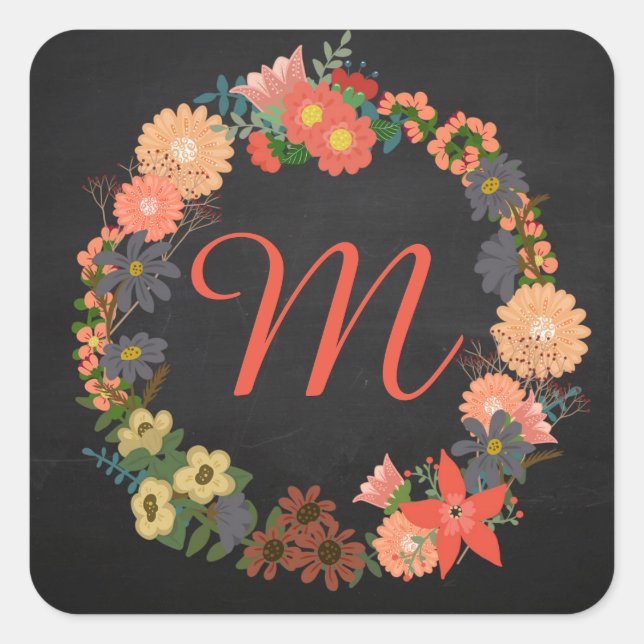 Adesivo Quadrado Monograma Floral Wreath, Stickers Quadrados (Frente)