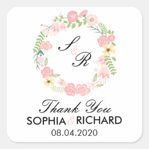 Adesivo Quadrado Monograma Floral Wreath Weding Obrigado Sticker