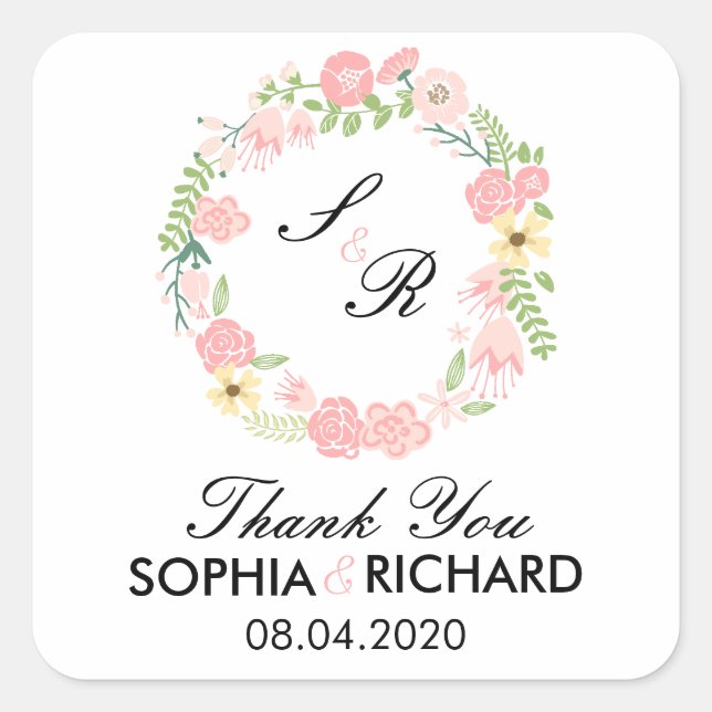 Adesivo Quadrado Monograma Floral Wreath Weding Obrigado Sticker (Frente)