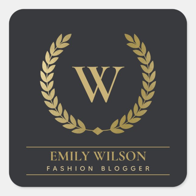 ADESIVO QUADRADO MONOGRAMA INICIAL DA CORREÇÃO FLORAL DOURADA NEGRA (Frente)