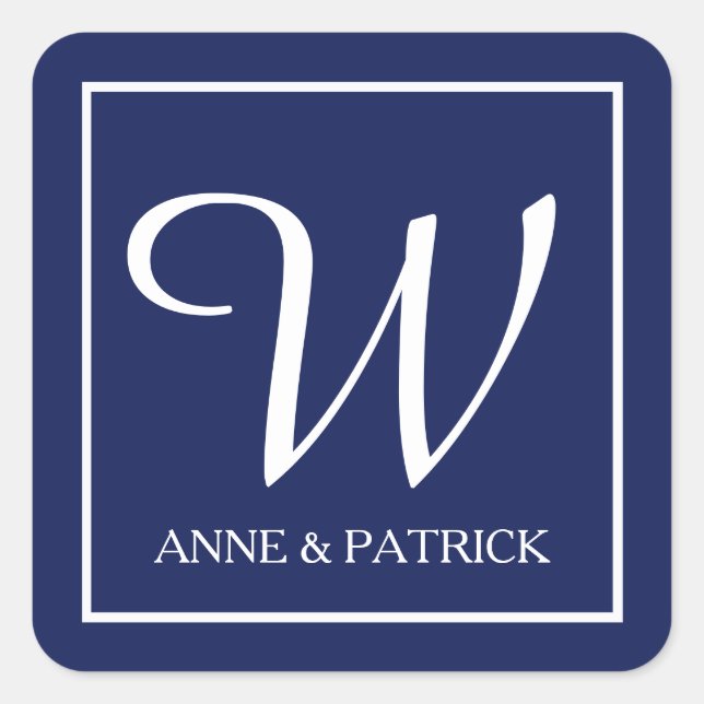 Adesivo Quadrado Monograma inicial da família azul & nomes, casamen (Frente)