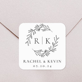 Adesivo Quadrado Monograma Inicial de Casamento de Wreath Elegante