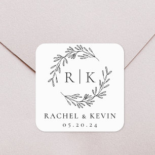 Adesivo Quadrado Monograma Inicial de Casamento de Wreath Elegante