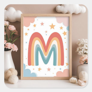 Adesivo Quadrado ☁️ Monograma Inicial M de Design Cute Rainbow ☁️