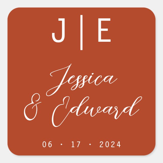 Adesivo Quadrado Monograma Laranja Queimado Nome do Casal Legítimo  (Frente)