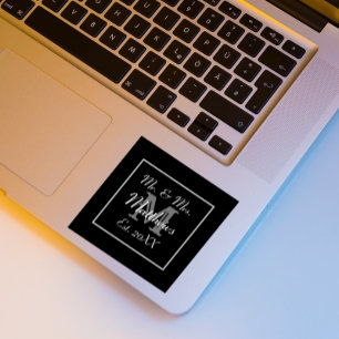 Adesivo Quadrado Monograma mínimo   Favor do Casamento Negro e Bran