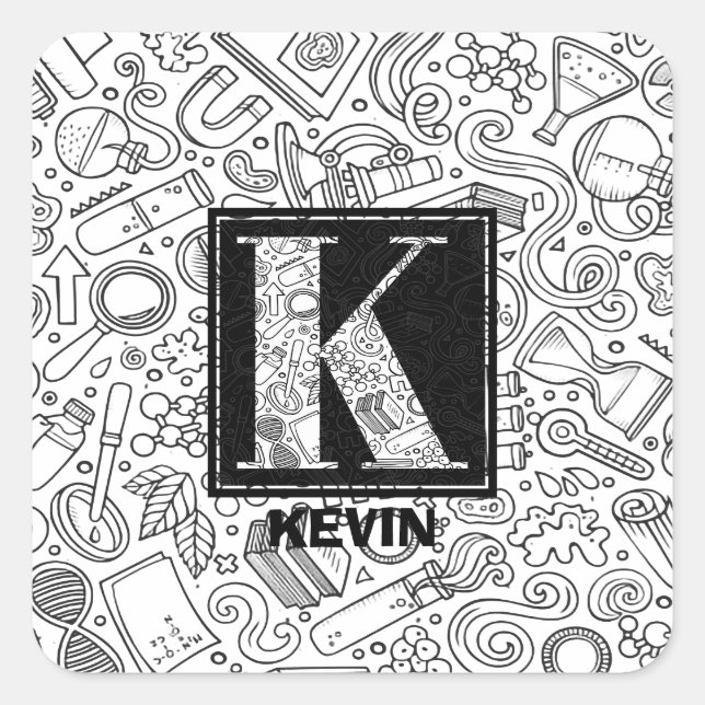 Adesivo Quadrado Monograma Personalizado de Ciência - Letra K (Frente)