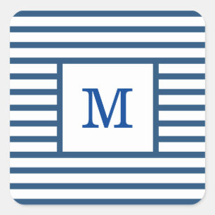 Adesivo Quadrado Monograma Personalizado de Listras Azuis Escuras e