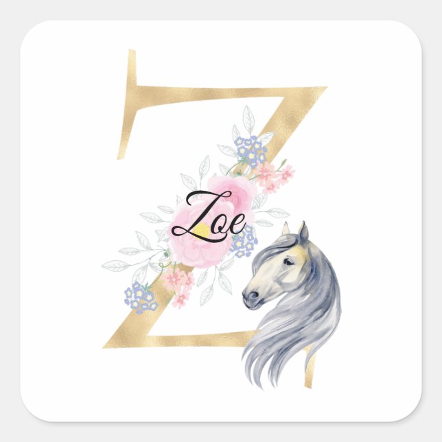 Adesivo Quadrado Monograma personalizado de nome Z com cavalo (Frente)