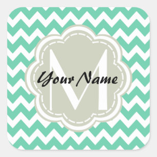 Adesivo Quadrado Monograma Personalizado Mint Chevron, Nome Persona