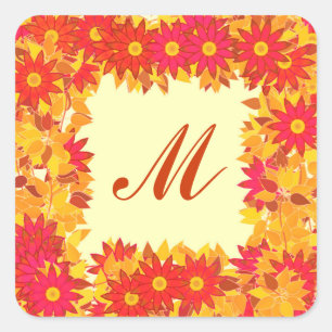 Adesivo Quadrado Monograma quadro com flores - vermelho e ouro